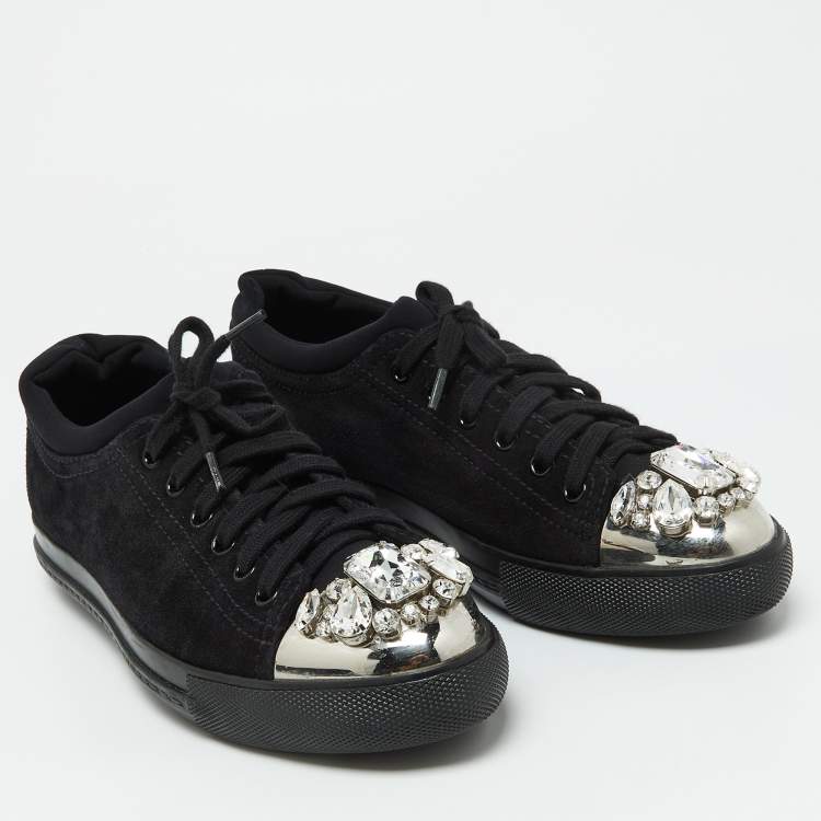 Pre Owned Miu Miu Black Suede Crystal Embellished Cap Toe Sneakers Size 40