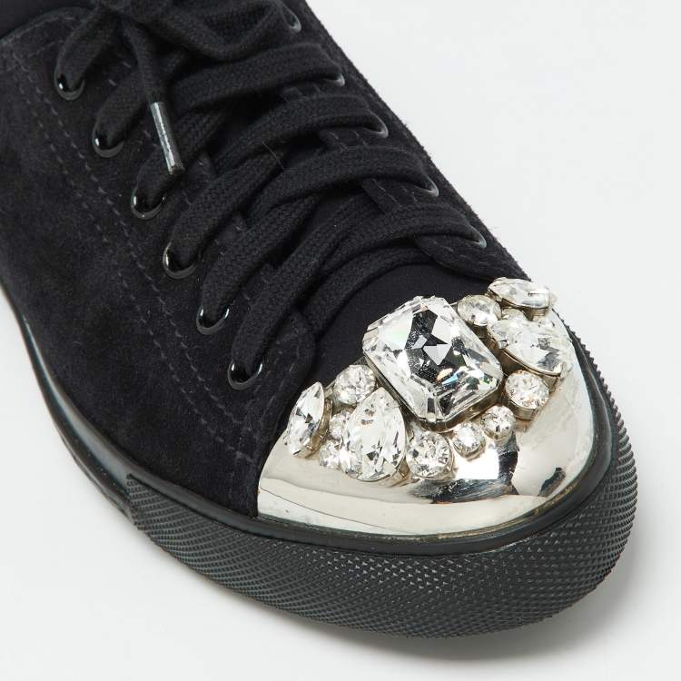 Pre Owned Miu Miu Black Suede Crystal Embellished Cap Toe Sneakers Size 40