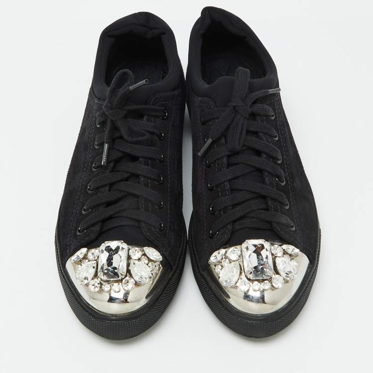 Pre Owned Miu Miu Black Suede Crystal Embellished Cap Toe Sneakers Size 40