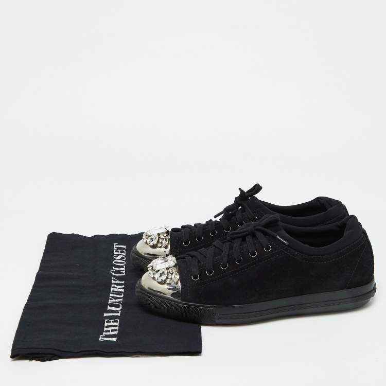 Pre Owned Miu Miu Black Suede Crystal Embellished Cap Toe Sneakers Size 40