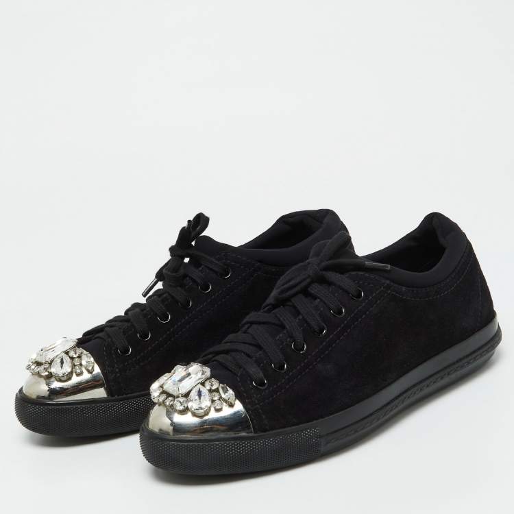 Pre Owned Miu Miu Black Suede Crystal Embellished Cap Toe Sneakers Size 40