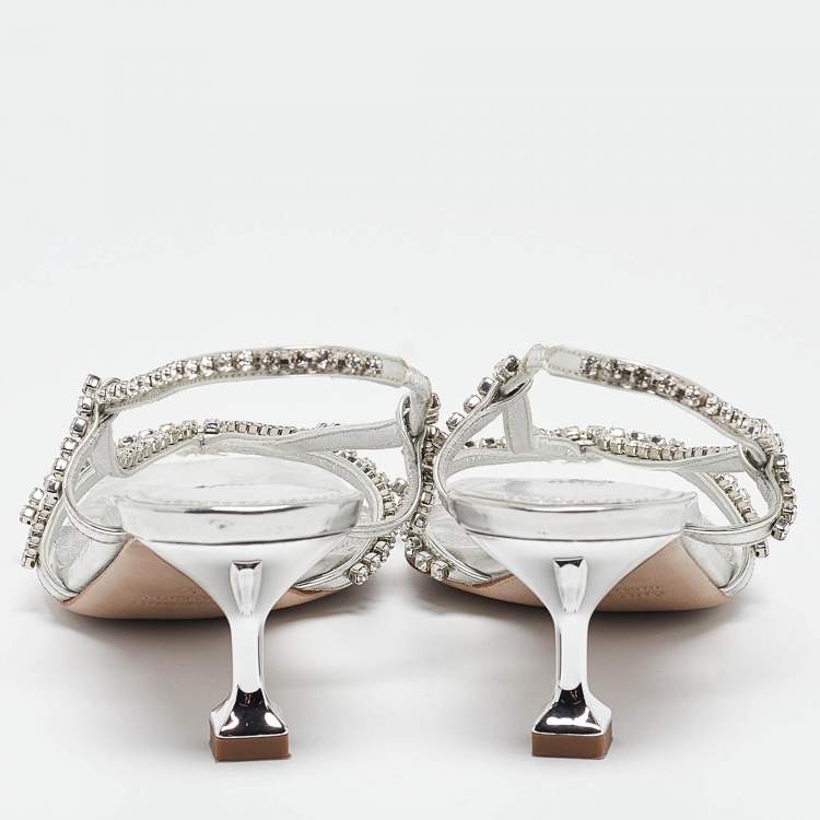Pre Owned Miu Miu Silver Crystal Embellished Leather Slingback Sandals Size 37