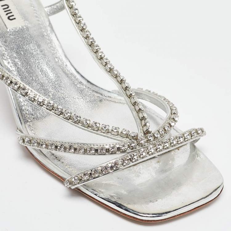Pre Owned Miu Miu Silver Crystal Embellished Leather Slingback Sandals Size 37