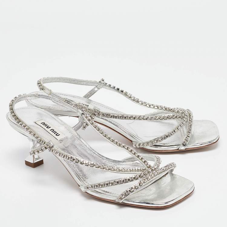 Pre Owned Miu Miu Silver Crystal Embellished Leather Slingback Sandals Size 37