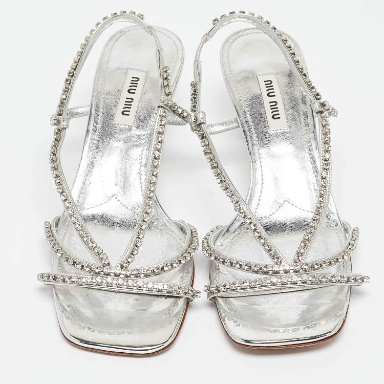 Pre Owned Miu Miu Silver Crystal Embellished Leather Slingback Sandals Size 37