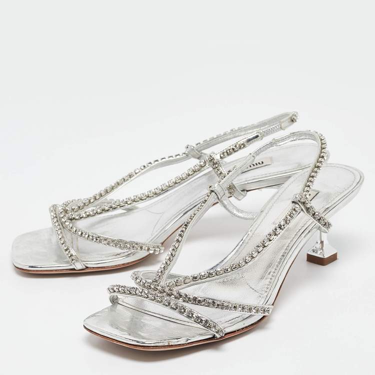 Pre Owned Miu Miu Silver Crystal Embellished Leather Slingback Sandals Size 37