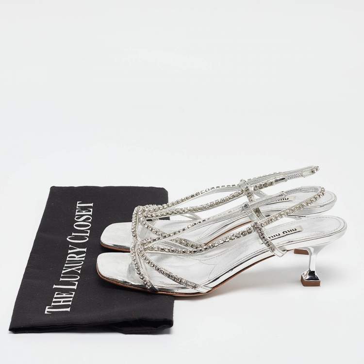 Pre Owned Miu Miu Silver Crystal Embellished Leather Slingback Sandals Size 37