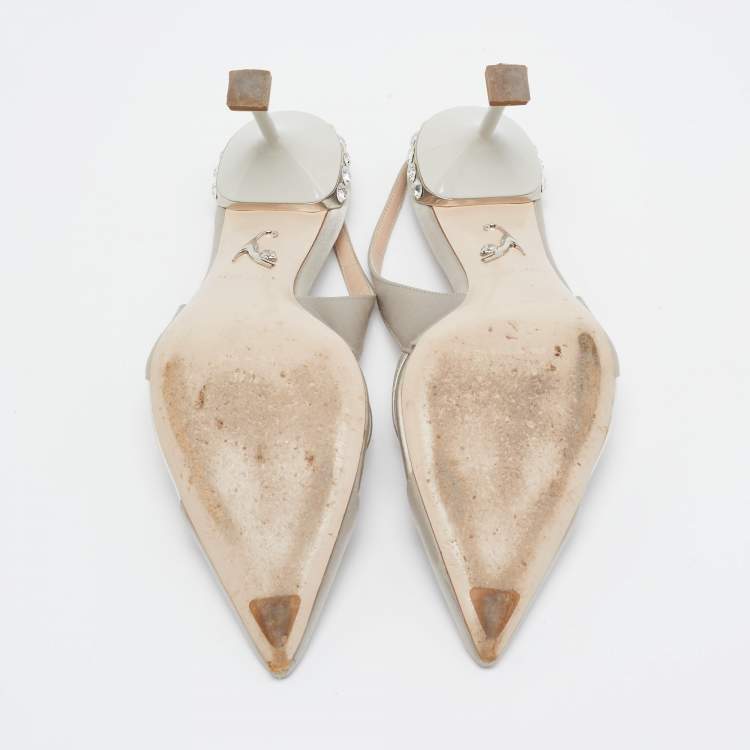 Pre Owned Miu Miu Grey Satin and PVC Crystal Embellished Slingback Pumps Size 37.5