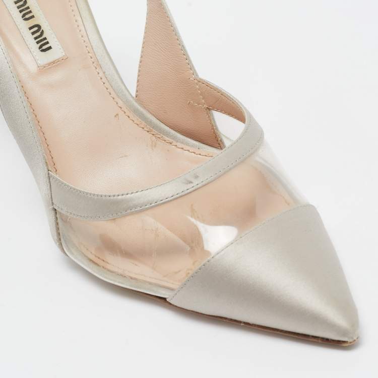Pre Owned Miu Miu Grey Satin and PVC Crystal Embellished Slingback Pumps Size 37.5