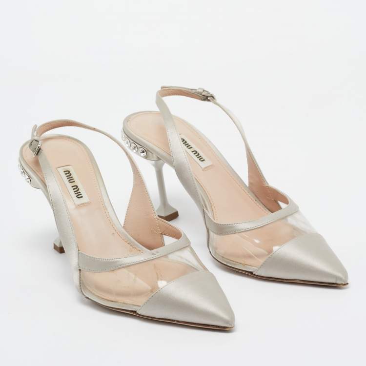 Pre Owned Miu Miu Grey Satin and PVC Crystal Embellished Slingback Pumps Size 37.5