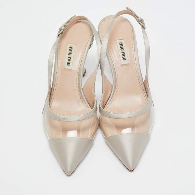Pre Owned Miu Miu Grey Satin and PVC Crystal Embellished Slingback Pumps Size 37.5
