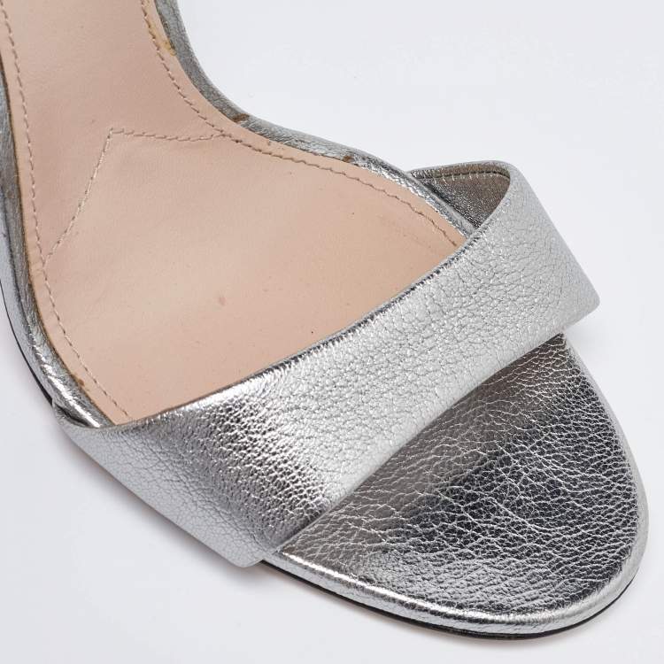 Pre Owned Miu Miu Silver Leather Crystal Embellished Block Heel Ankle Strap Platform Sandals Size 42