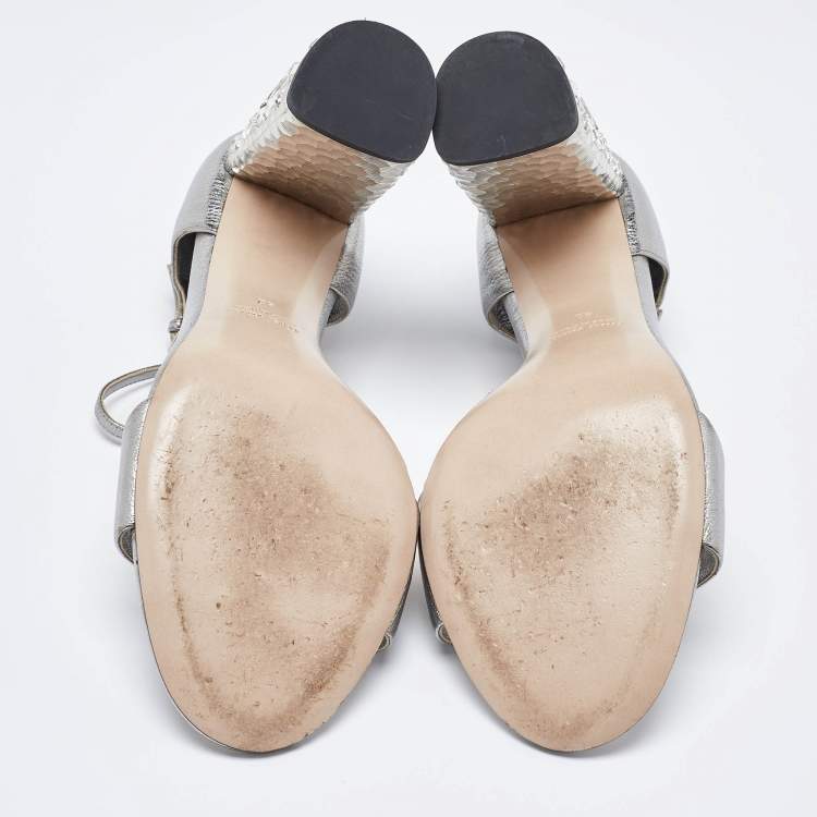 Pre Owned Miu Miu Silver Leather Crystal Embellished Block Heel Ankle Strap Platform Sandals Size 42