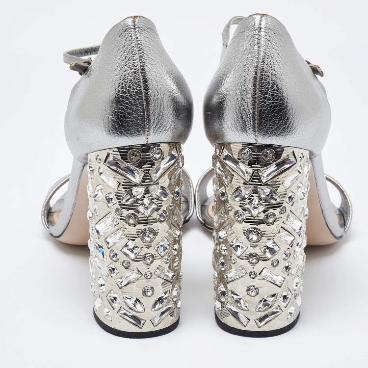 Pre Owned Miu Miu Silver Leather Crystal Embellished Block Heel Ankle Strap Platform Sandals Size 42
