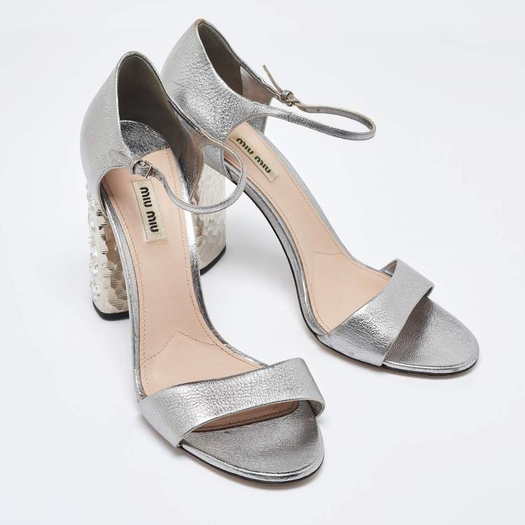 Pre Owned Miu Miu Silver Leather Crystal Embellished Block Heel Ankle Strap Platform Sandals Size 42