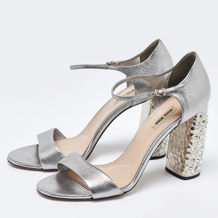 Pre Owned Miu Miu Silver Leather Crystal Embellished Block Heel Ankle Strap Platform Sandals Size 42
