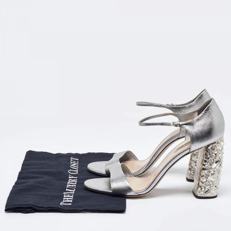 Pre Owned Miu Miu Silver Leather Crystal Embellished Block Heel Ankle Strap Platform Sandals Size 42
