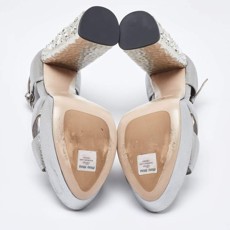 Pre Owned Miu Miu Metallic Silver Leather Crystal Embellished Block Heel Ankle Strap Platform Sandals Size 40