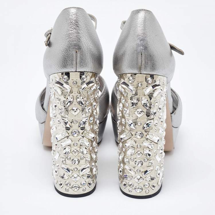 Pre Owned Miu Miu Metallic Silver Leather Crystal Embellished Block Heel Ankle Strap Platform Sandals Size 40