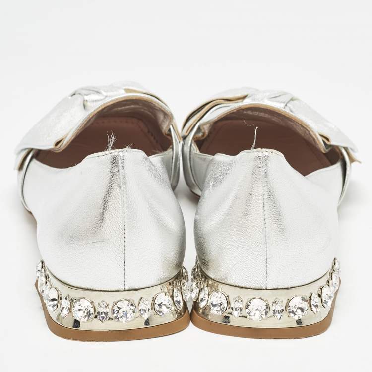 Pre Owned Miu Miu Silver Leather Bow Crystal Embellished Loafers Size 38