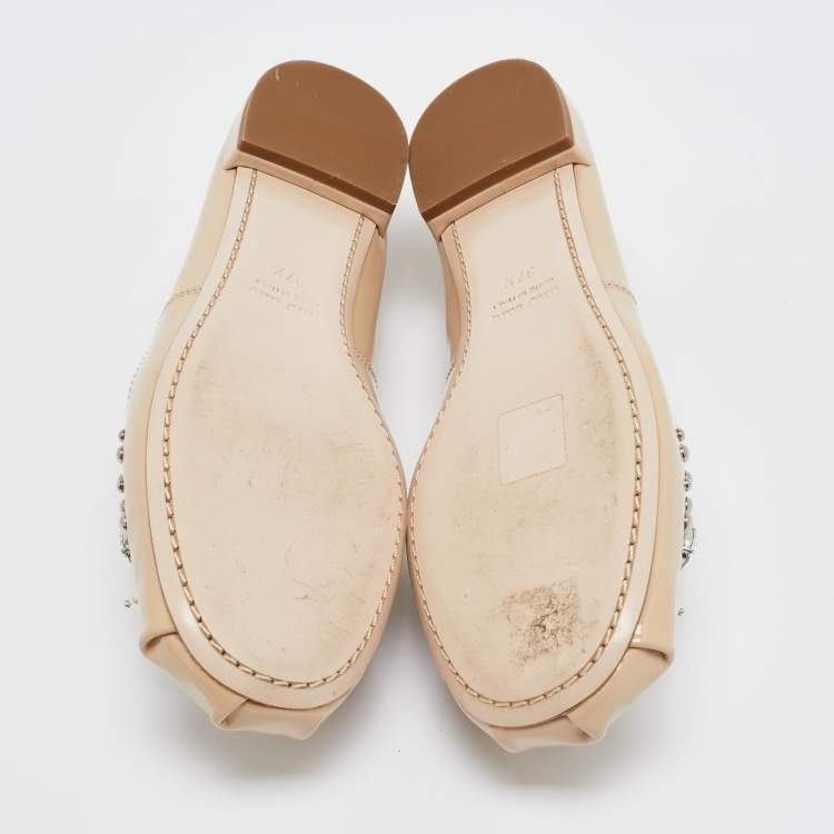 Pre Owned Miu Miu Beige Patent Leather Faux Pearls Ballet Flats Size 37.5