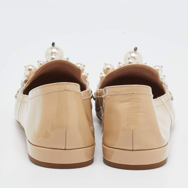 Pre Owned Miu Miu Beige Patent Leather Faux Pearls Ballet Flats Size 37.5