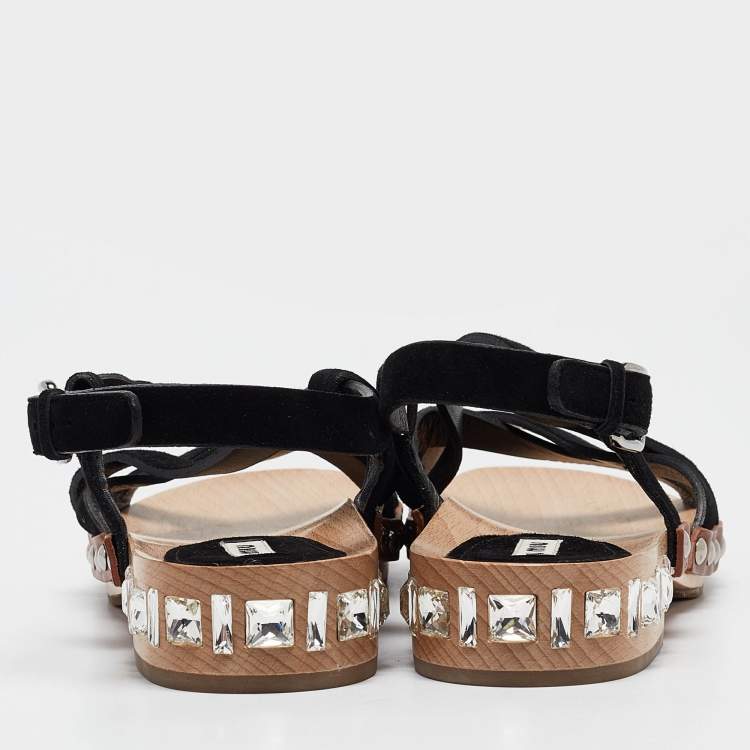 Pre Owned Miu Miu Black Suede Crystal Embellished Strappy Sandals Size 40