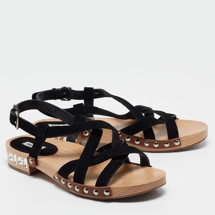 Pre Owned Miu Miu Black Suede Crystal Embellished Strappy Sandals Size 40