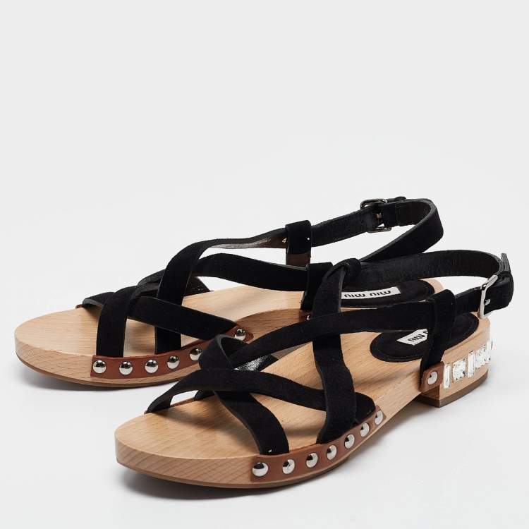 Pre Owned Miu Miu Black Suede Crystal Embellished Strappy Sandals Size 40