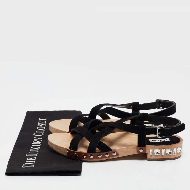 Pre Owned Miu Miu Black Suede Crystal Embellished Strappy Sandals Size 40