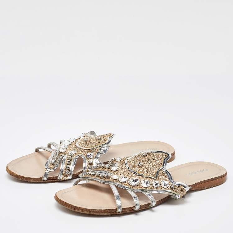 Pre Owned Miu Miu Silver Leather Crystal Embellished Flat Slides Size 37.5