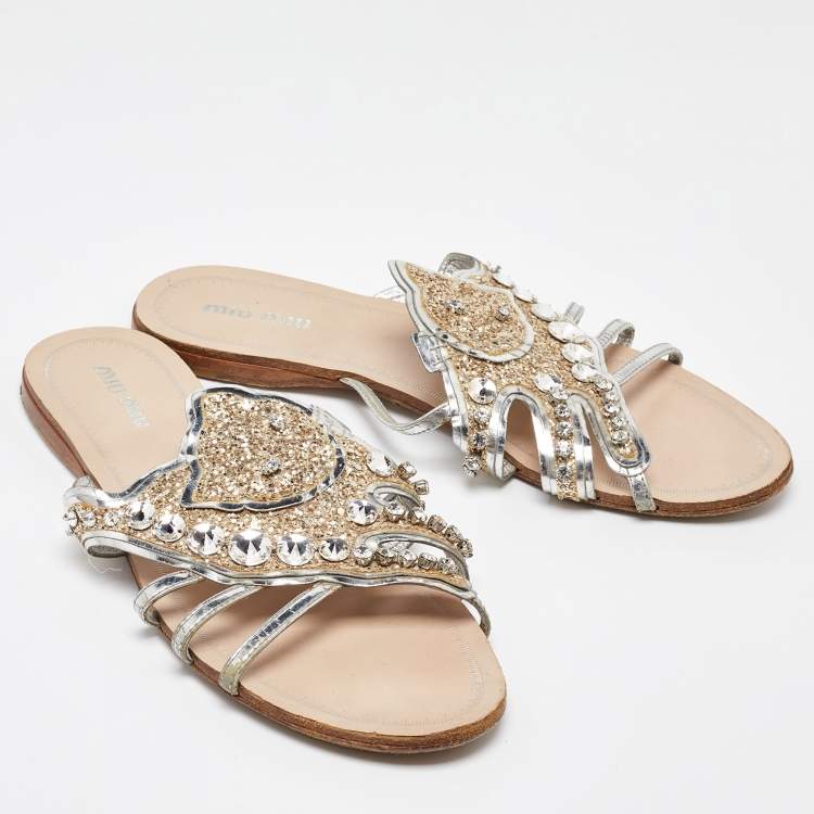 Pre Owned Miu Miu Silver Leather Crystal Embellished Flat Slides Size 37.5