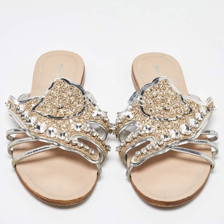Pre Owned Miu Miu Silver Leather Crystal Embellished Flat Slides Size 37.5