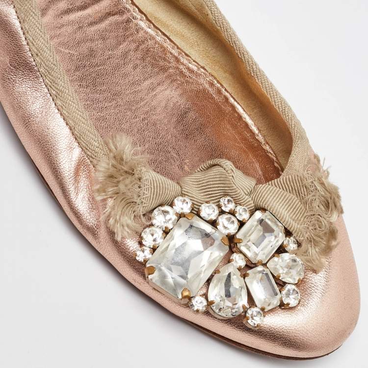 Pre Owned Miu Miu Metallic Rose Gold Leather Crystal Embellished Scrunch Ballet Flats Size 38.5
