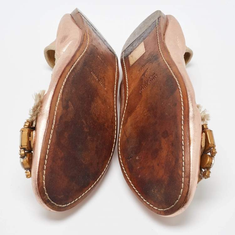Pre Owned Miu Miu Metallic Rose Gold Leather Crystal Embellished Scrunch Ballet Flats Size 38.5