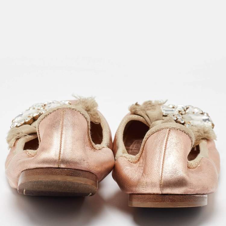 Pre Owned Miu Miu Metallic Rose Gold Leather Crystal Embellished Scrunch Ballet Flats Size 38.5