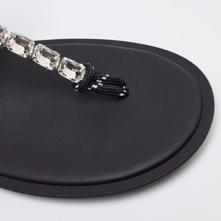Pre Owned Miu Miu Black Cord Crystal Embellished Thong Sandals Size 37