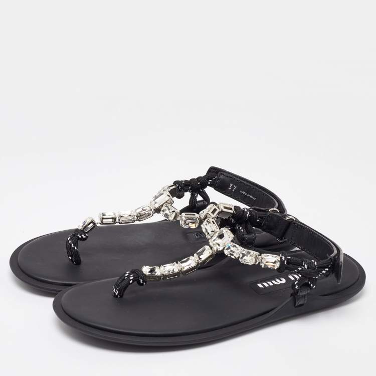 サンダル・ミュール MIUMIU CORD THONG SANDALS WITH CRYSTALS Miu Miu Black Cord Crystal Embellished Thong Sandals Size 37