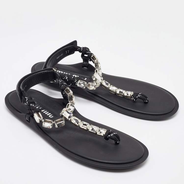 Pre Owned Miu Miu Black Cord Crystal Embellished Thong Sandals Size 37