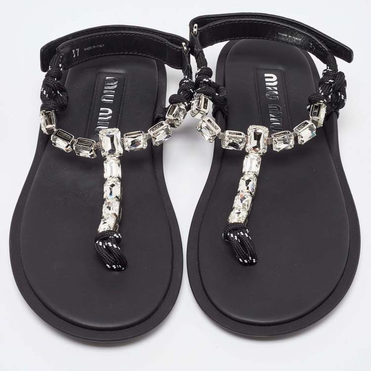 Pre Owned Miu Miu Black Cord Crystal Embellished Thong Sandals Size 37