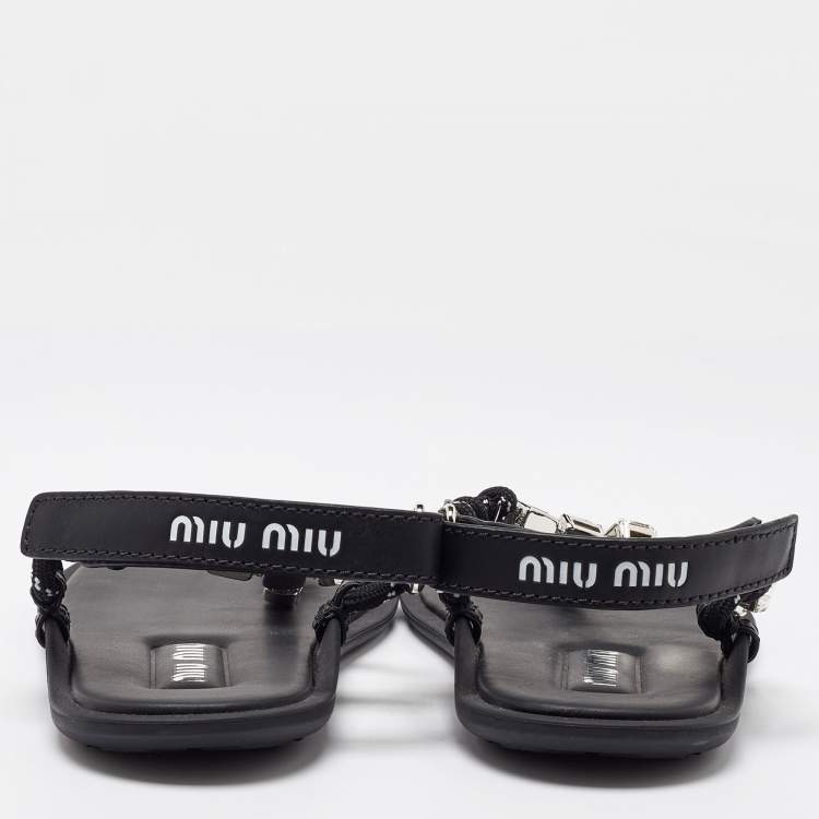 Pre Owned Miu Miu Black Cord Crystal Embellished Thong Sandals Size 37