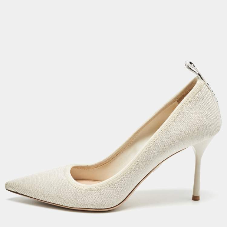 Pre Owned Miu Miu Cream Knit Fabric Pointed Toe Pumps Size 35.5