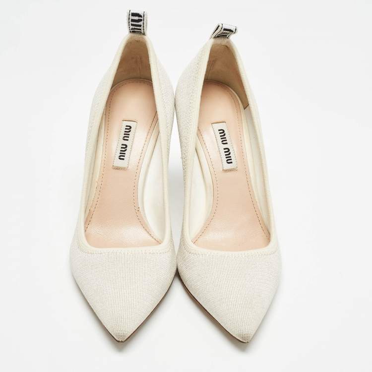 Pre Owned Miu Miu Cream Knit Fabric Pointed Toe Pumps Size 35.5