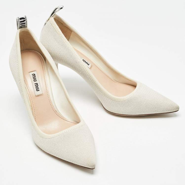 Pre Owned Miu Miu Cream Knit Fabric Pointed Toe Pumps Size 35.5