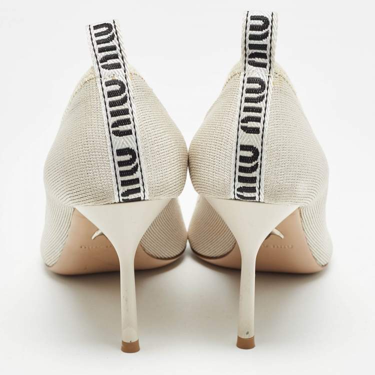 Pre Owned Miu Miu Cream Knit Fabric Pointed Toe Pumps Size 35.5