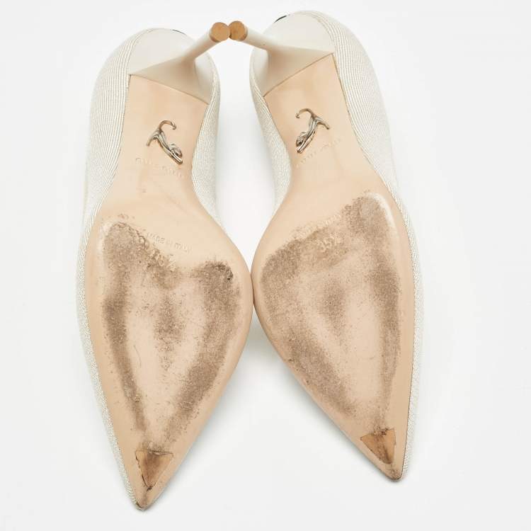 Pre Owned Miu Miu Cream Knit Fabric Pointed Toe Pumps Size 35.5
