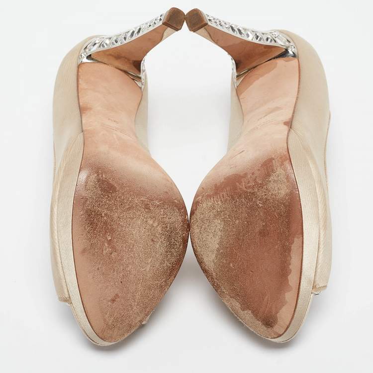 Pre Owned Miu Miu Light Brown Satin Crystal Embellished Heel Peep Toe Platform Pumps Size 39