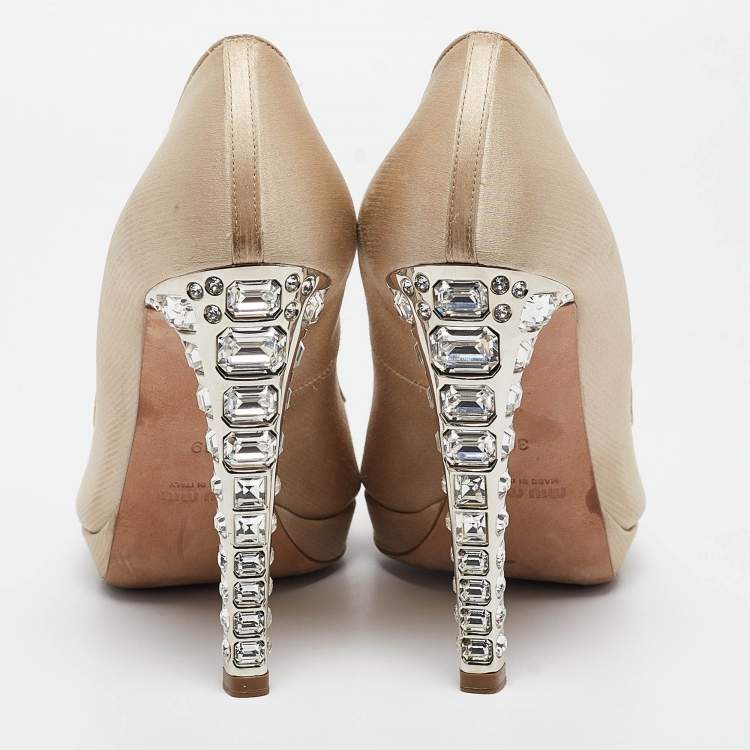 Pre Owned Miu Miu Light Brown Satin Crystal Embellished Heel Peep Toe Platform Pumps Size 39
