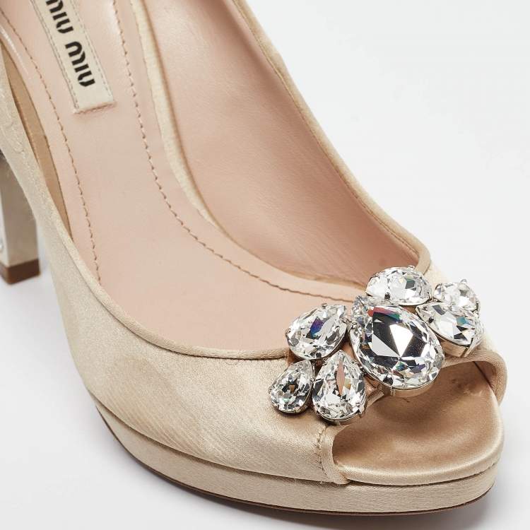 Pre Owned Miu Miu Light Brown Satin Crystal Embellished Heel Peep Toe Platform Pumps Size 39