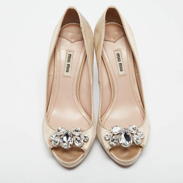 Pre Owned Miu Miu Light Brown Satin Crystal Embellished Heel Peep Toe Platform Pumps Size 39